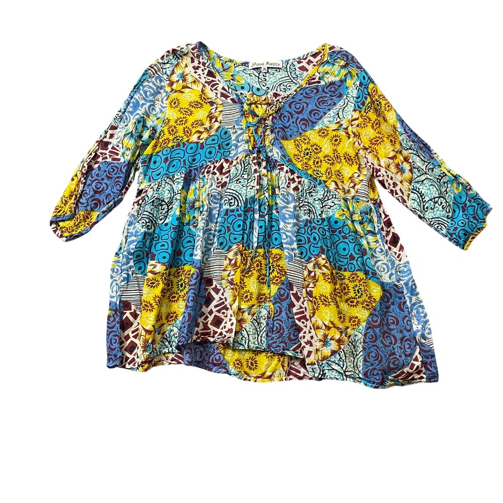 JP and Mattie Medium Boho 100% Cotton Colorful Patterned Tunic 3/4 Sleeve